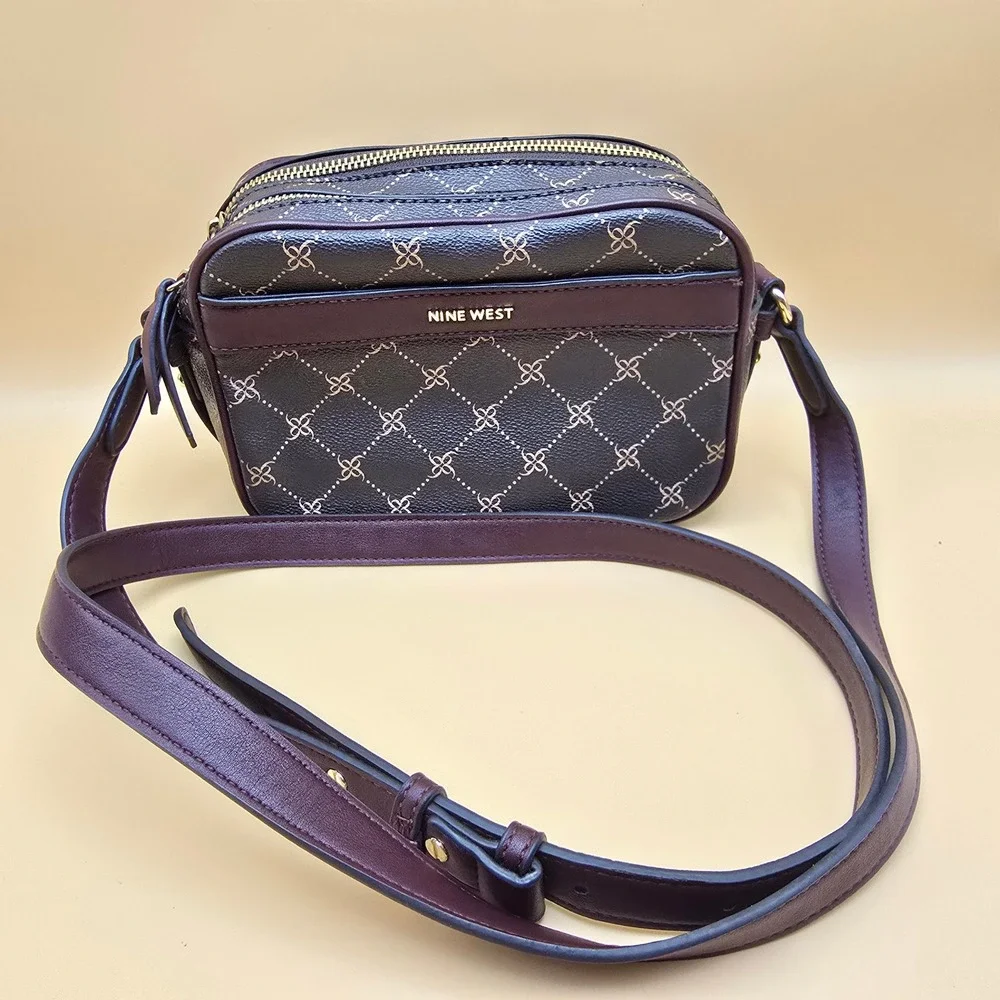 Nine West Monogram Crossbody Bag Burgundy Faux Leather Double Zip